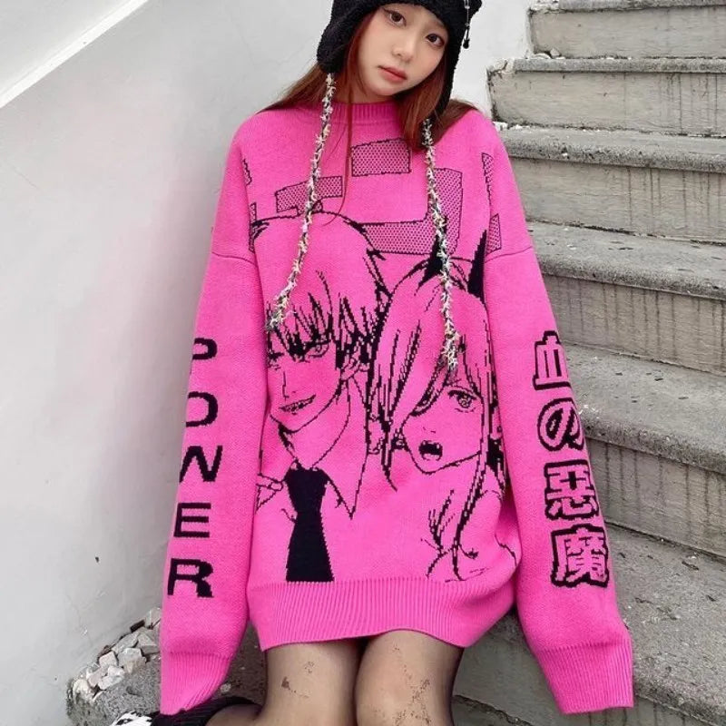 Denji x Power Chansaw Man Anime Streetwear Sweater Pullover Woman Oversized