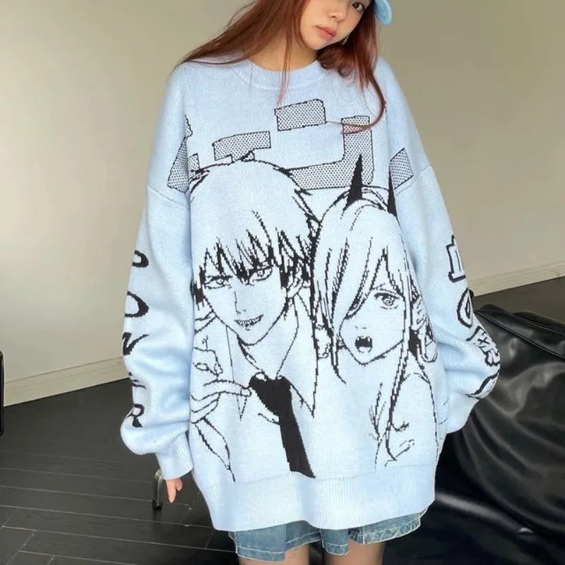 Denji x Power Chansaw Man Anime Streetwear Sweater Pullover Woman Oversized