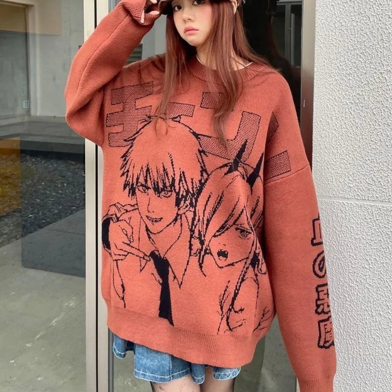 Denji x Power Chansaw Man Anime Streetwear Sweater Pullover Woman Oversized