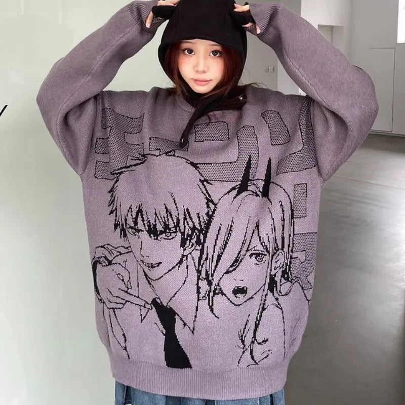 Denji x Power Chansaw Man Anime Streetwear Sweater Pullover Woman Oversized